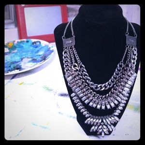 Silver Rhinestone & Heavy Chain Statement Necklace